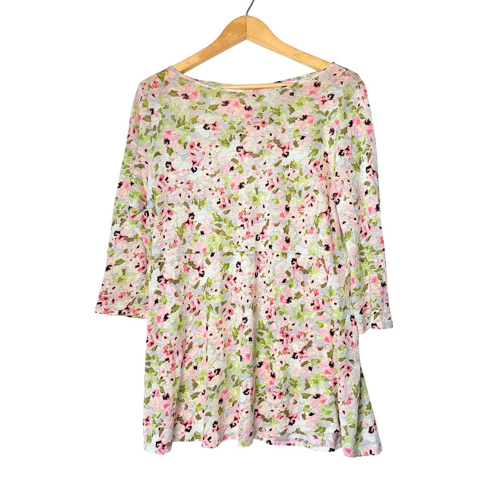 J. Jill Love Linen Floral Knit Tunic Top Small Pink Green 3/4 Sleeve Peplum
